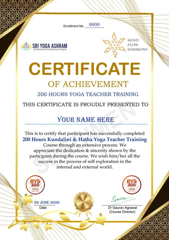 Sample 200 Hour Yoga Teacher Training certificate issued by Sri Yoga Ashram, Rishikesh