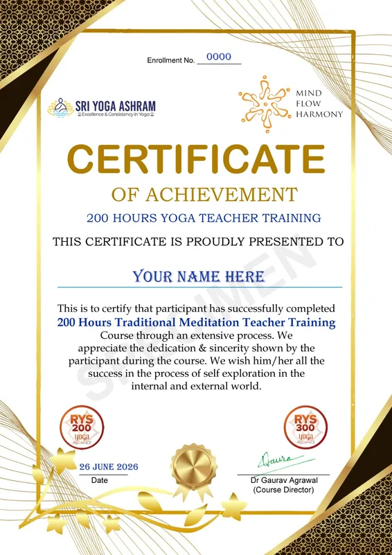 Sample 200 Hours Traditional Meditation Teacher Training certificate issued by Sri Yoga Ashram