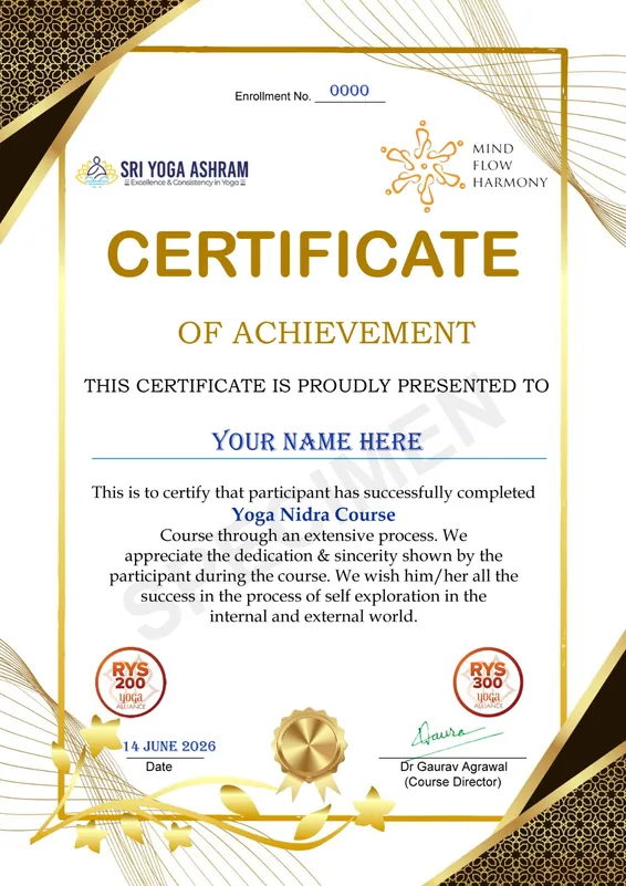 Sample Yoga Nidra Course certificate issued by Sri Yoga Ashram, Rishikesh