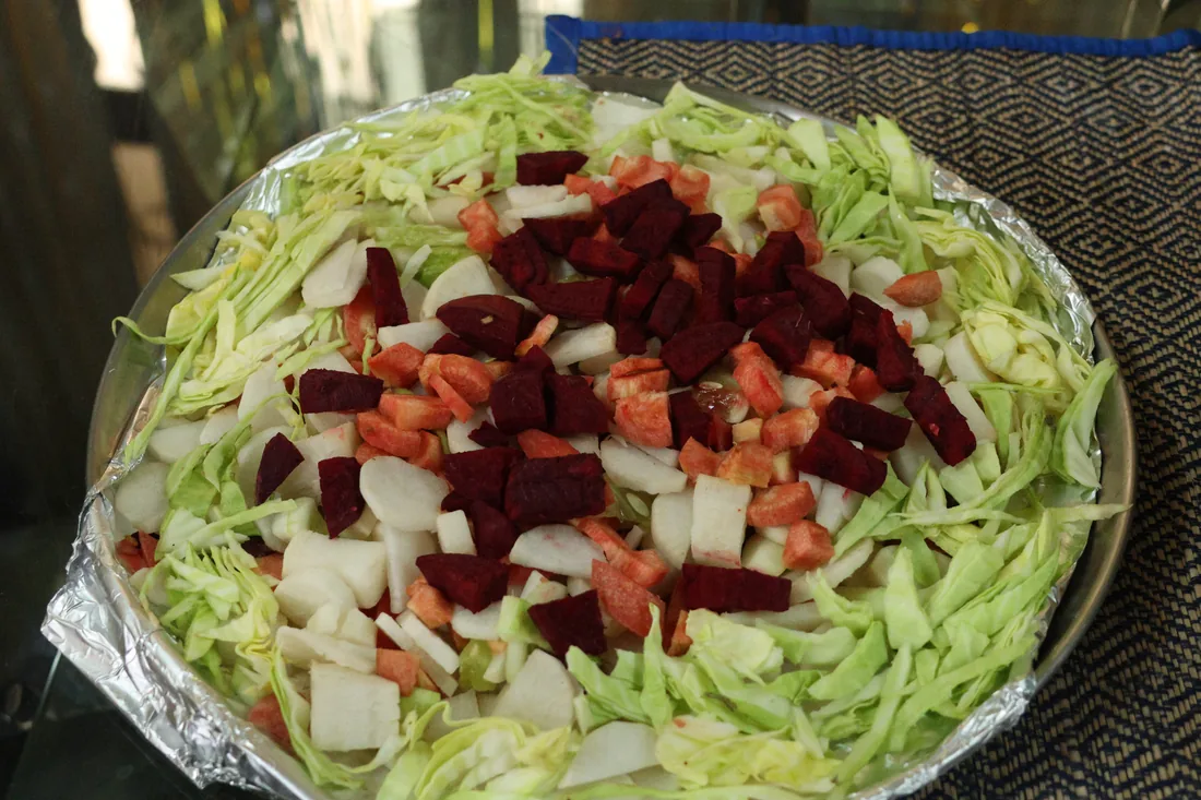 Fresh chopped salad of cabbage, beetroot, carrot and radish at Sri Yoga Ashram