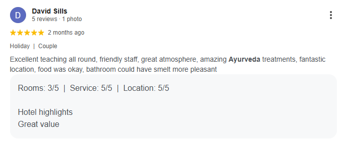 David Sills - 5 star Google review of the Ayurveda Course at Sri Yoga Ashram, Rishikesh