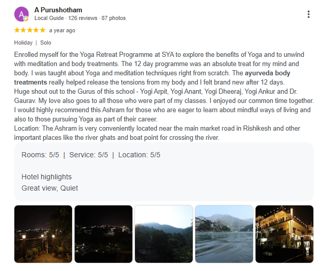 A Purushotham - 5 star Google review of the Ayurveda Course at Sri Yoga Ashram, Rishikesh