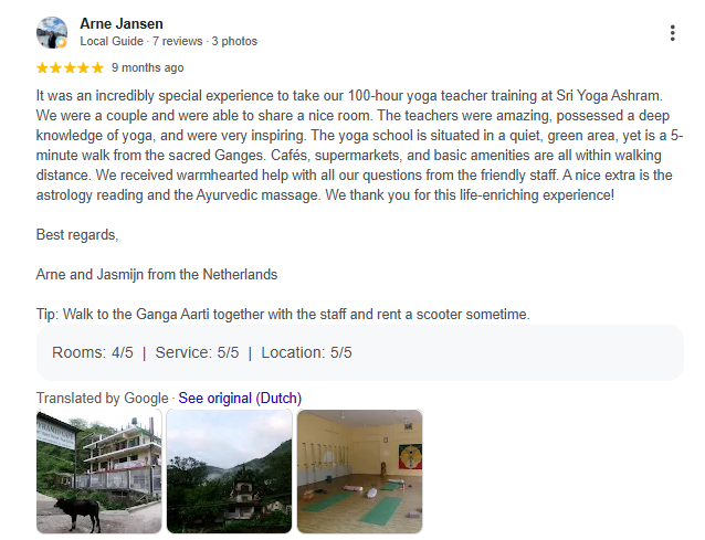 Arne Jansen - 5 star Google review of the Ayurveda Course at Sri Yoga Ashram, Rishikesh