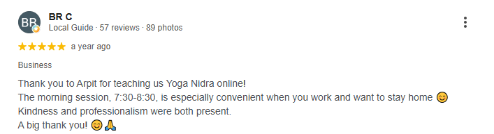 BR C - 5 star Google review of the Yoga Nidra Course at Sri Yoga Ashram, Rishikesh