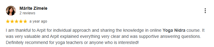 Mārite Zīmele - 5 star Google review of the Yoga Nidra Course at Sri Yoga Ashram, Rishikesh
