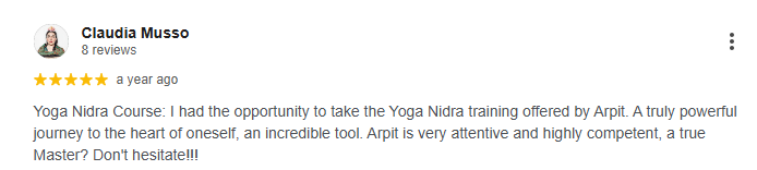 Claudia Musso - 5 star Google review of the Yoga Nidra Course at Sri Yoga Ashram, Rishikesh