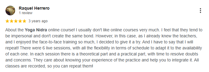 Raquel Herrero - 5 star Google review of the Yoga Nidra Course at Sri Yoga Ashram, Rishikesh