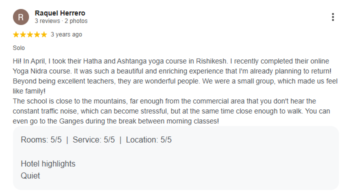 Raquel Herrero - 5 star Google review of the Yoga Nidra Course at Sri Yoga Ashram, Rishikesh